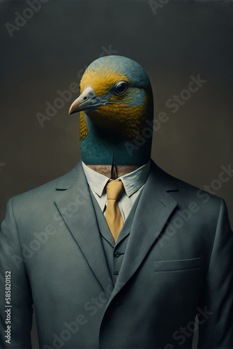 Yellow and blue bird wearing a formal suit, working animals concept, generative ai