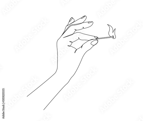 Continuous one line drawing of hand holding burning match. simple burning match stick on hand line art vector illustration. Editable stroke.