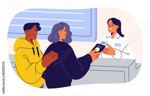 Passengers at check-in counter at airport. Tourists couple giving passport, ticket, boarding pass for control at checkin desk at terminal. Flat graphic vector illustration isolated on white background