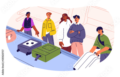 People waiting for luggage at baggage belt with bags. Passengers tourists at suitcase carousel, conveyor at international airport, terminal. Flat vector illustration isolated on white background