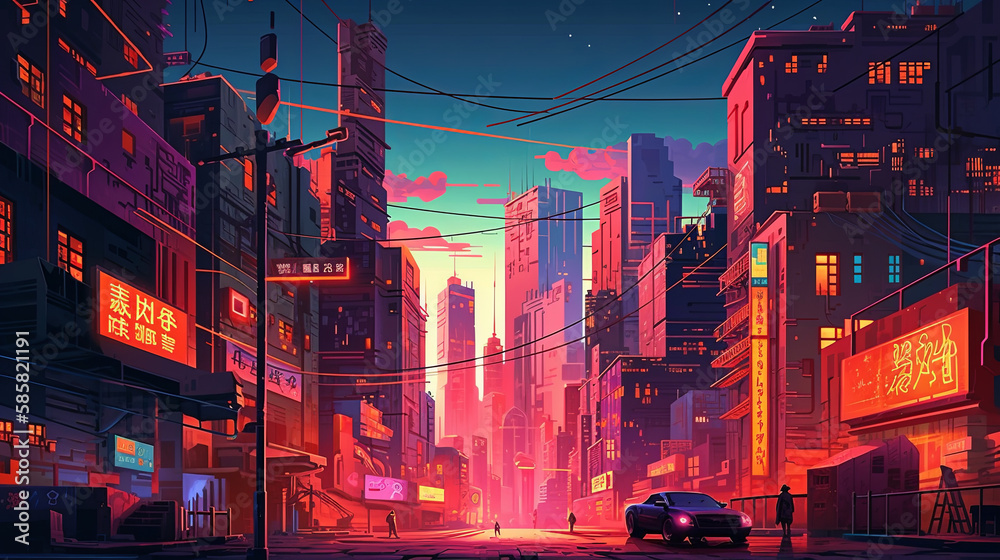 Colorful Urban Illustration: Vibrant Cityscape Art, Generative AI