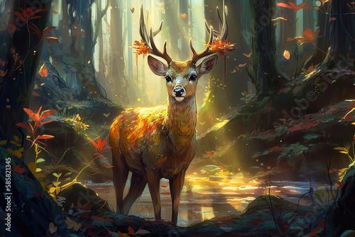 Generative AI illustration. Realistic beautiful deer in a magical forest with sparkling lights.