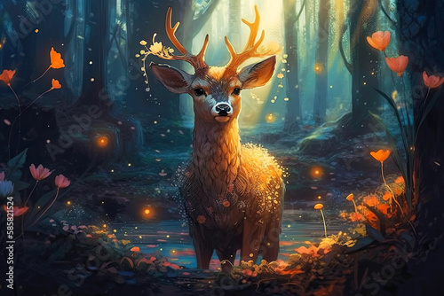 Generative AI illustration. Realistic red deer in a fantasy magical forest with sparkling lights.