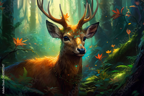 Generative AI illustration. Realistic red deer in a magical forest with sparkling lights.
