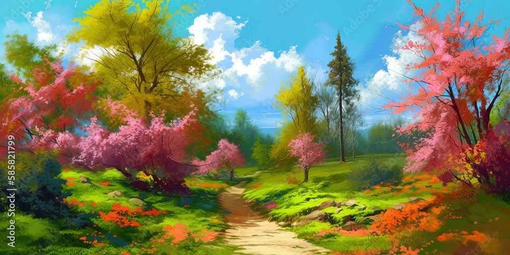 Beautiful landscape of a walk park in spring. Blossoming flowers on trees.