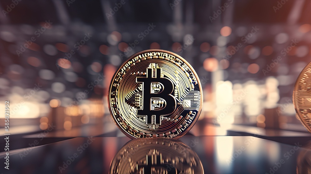 bitcoin on table with bokeh light background Generative Ai	
