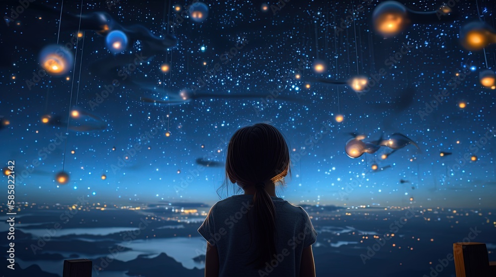 Fototapeta premium a girl looking at night starry sky with glitter glow galaxy flicker above, idea for prayer of hope, love, peace theme, Generative Ai 
