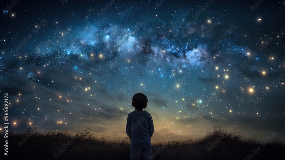 a boy looking at night starry sky with glitter glow galaxy flicker above, idea for prayer of hope, love, peace theme, Generative Ai	
