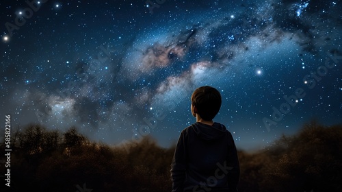 a boy looking at night starry sky with glitter glow galaxy flicker above, idea for prayer of hope, love, peace theme, Generative Ai 
