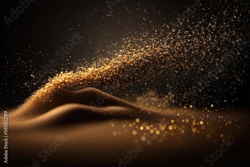 Isolated golden glitter lights on dark background. Abstract sparkle particle bokeh. Generative AI
