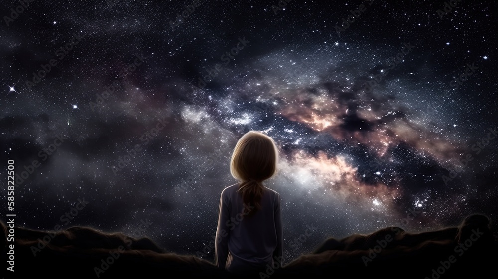 a boy looking at night starry sky with glitter glow galaxy flicker above, idea for prayer of hope, love, peace theme, Generative Ai	
