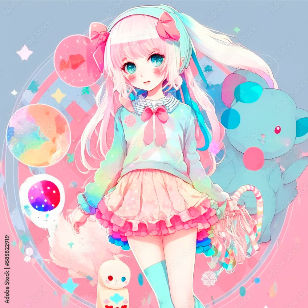 Cartoon illustration of a girl anime style kawaii uniform hoodie pets and candy pastel color Cartoon illustration of a girl anime style kawaii uniform hoodie pets and candy pastel color
