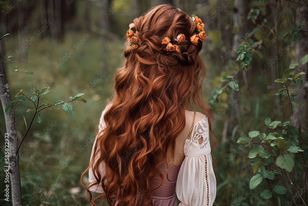 pretty beautiful braiding hairstyle, red hair bridal bohemian hairstyle in nature landscape, Generative Ai - obrazy, fototapety, plakaty 