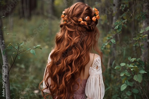 pretty beautiful braiding hairstyle, red hair bridal bohemian hairstyle in nature landscape, Generative Ai photo