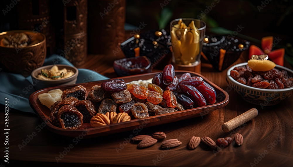 Ramadan kareem Iftar party table. Still life photography of traditional Ramadan sweets