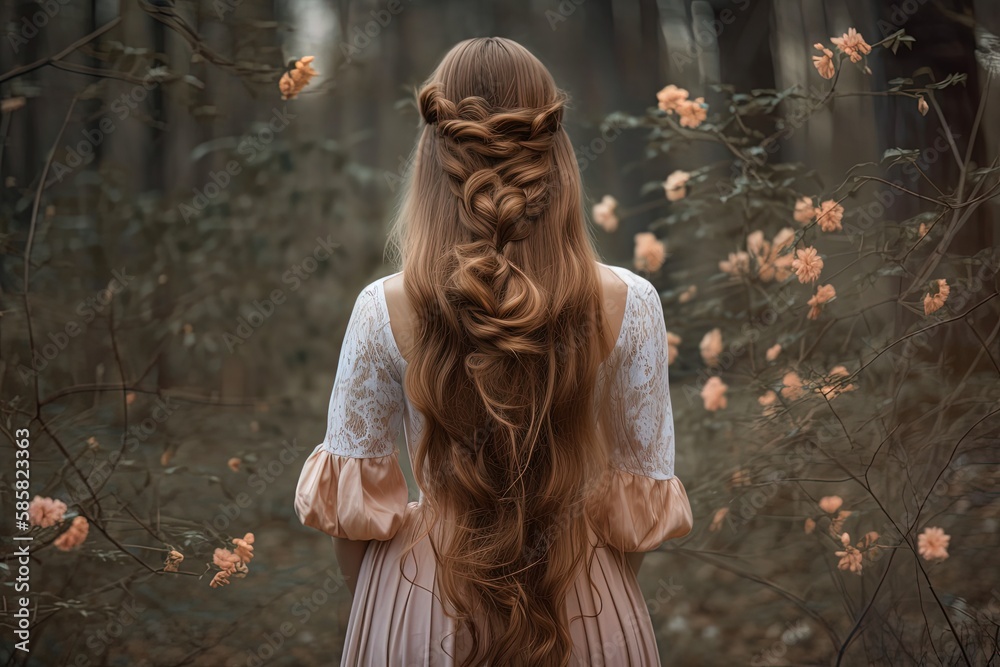 pretty beautiful braiding hairstyle, brown hair bridal bohemian hairstyle in nature landscape, Generative Ai pretty beautiful braiding hairstyle, brown hair bridal bohemian hairstyle in nature landscape, Generative Ai