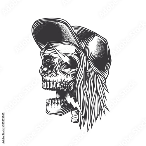 Original monochrome vector illustration in vintage style. A skull with long hair, a baseball cap, sparks from his eyes.