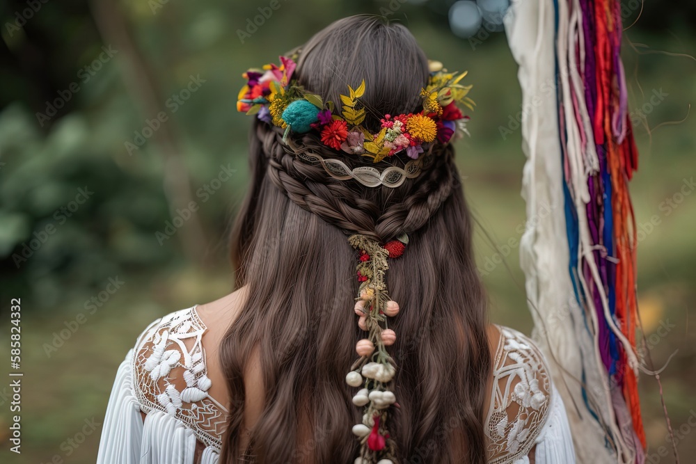 pretty beautiful braiding hairstyle, brown hair bridal bohemian hairstyle in nature landscape, Generative Ai
