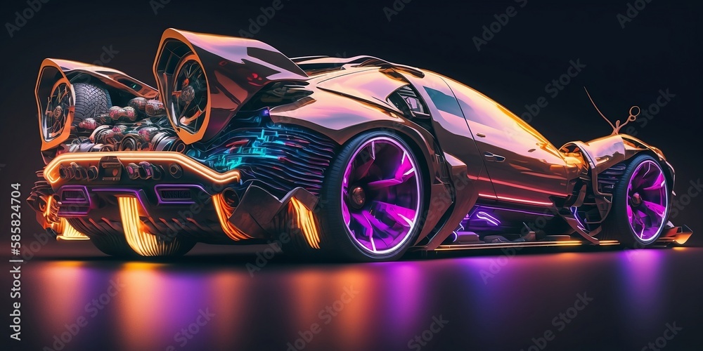 Glowing Future: Concept Car in a Neon-Lit World, AI Generated