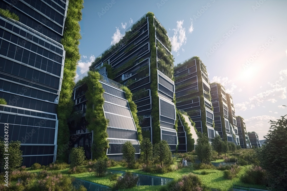 A city of the future with solar panels on the facade with natural plants, green energy and eco-technology in the field, generative AI