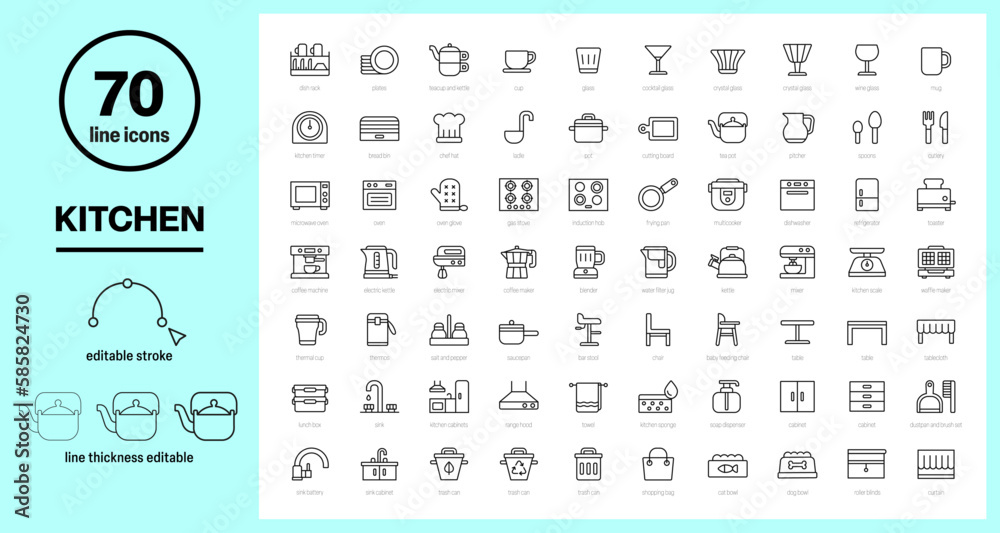 kitchen icons set, cooking, cookware icons, kitchen furniture outline