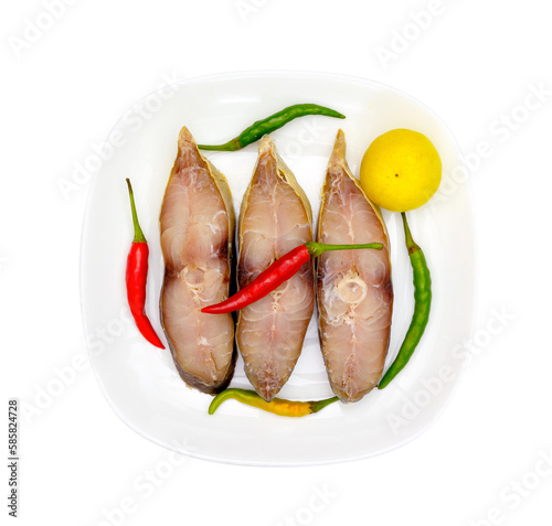 Fourfinger threadfin dried fish with white dish isolated photo