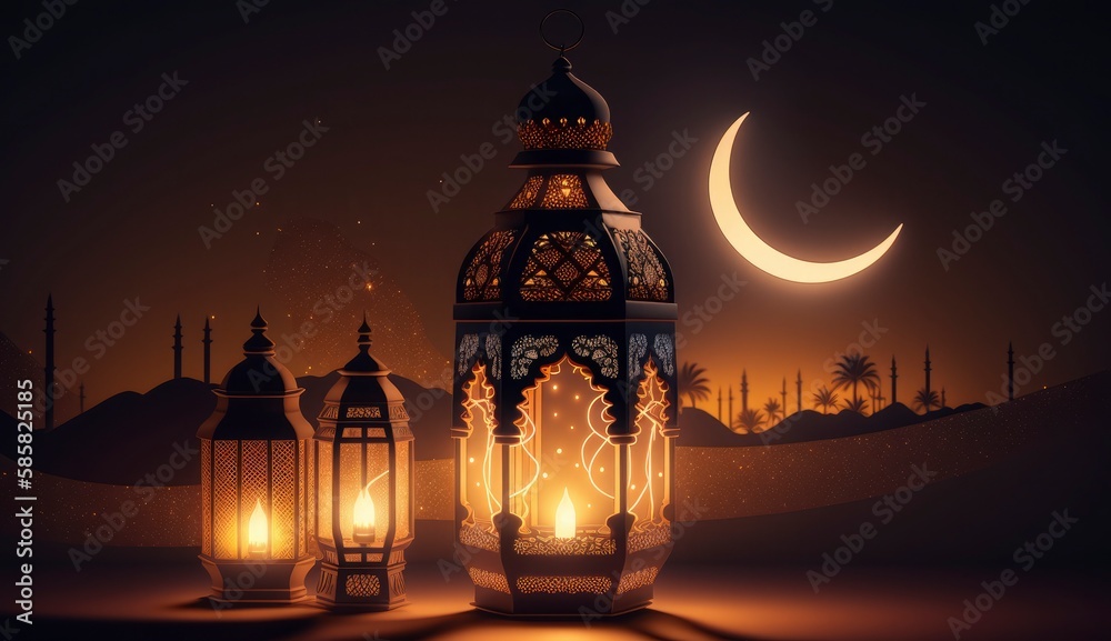 Obraz premium arabia sahara lantern and moon setup for greeting ramadan or eid mubarak cards, Generate Ai