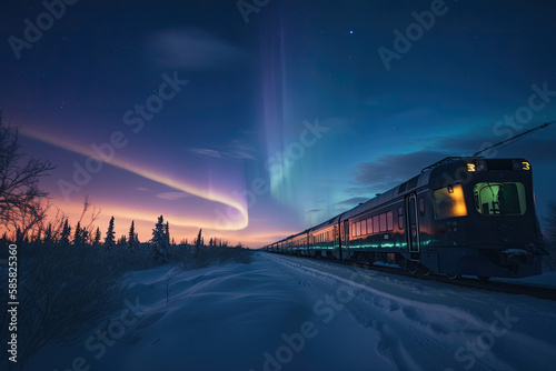 A passenger train rides in the arctic north in the snow against a backdrop of glowing northern lights at night, stars in the sky, generative AI