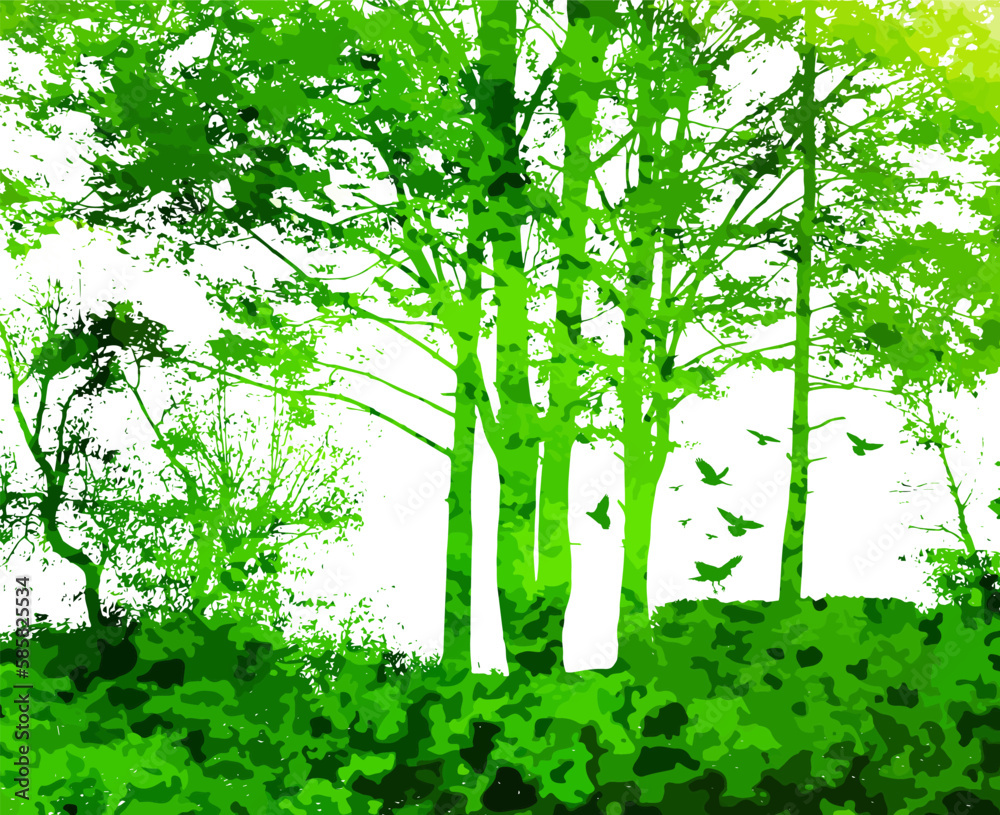 Obraz premium Silhouette green trees in the forest. Vector illustration