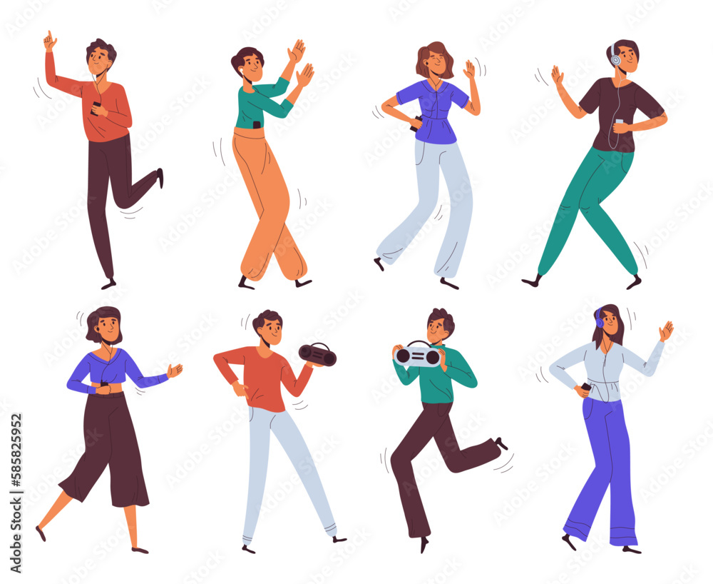 Dancing people. Men and women moving to music, dancers characters dancing and enjoying music party flat vector illustration set