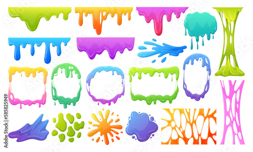 Cartoon slime mucus splashes. Jelly dripping spots, borders and frames, goo sticky liquid slime splatters flat vector illustration set. Messy mucus blobs photo