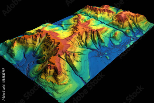GIS 3D lidar map, a model of the earth's surface obtained after processing data from an unmanned aerial vehicle during tremors and earthquakes, the movement of lithospheric plates, generative AI photo