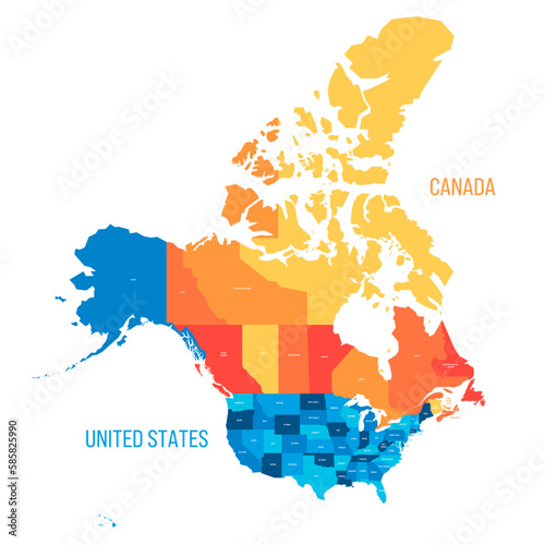 United States and Canada political map of administrative divisions. Colorful vector map with labels.