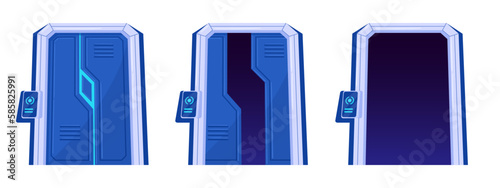 Spacecraft gateway. Cartoon closed and open spaceship gates, futuristic ship doors, control room door flat vector illustration set