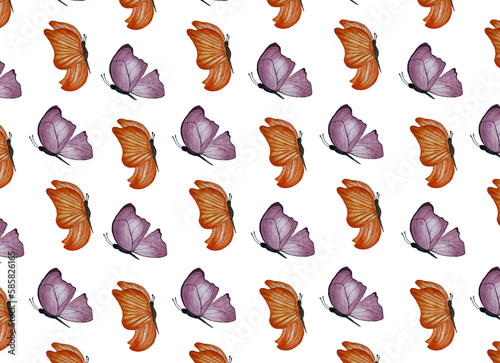 Pattern of watercolor butterflies. Hand drawn, white background. Wrapping paper, print, textile.