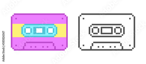 Retro audio cassette pixel icon. Vector illustration in pixel style