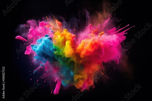 Colourful paint splashes in the shape of a love heart, Coloured powder explosion. Paint holi, Mix rainbow splash on isolated colourful background - Generative AI Illustration 