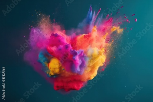 Colourful paint splashes in the shape of a love heart, Coloured powder explosion. Paint holi, Mix rainbow splash on isolated colourful background - Generative AI Illustration 