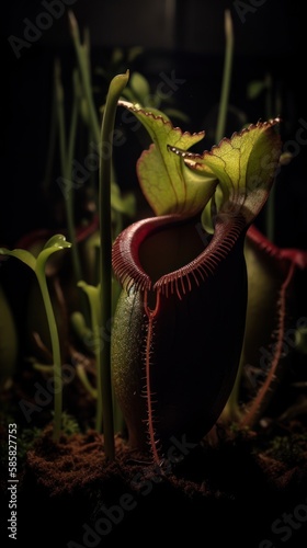 Stunning carnivorous plant, its sharp teeth-like leaves gleaming in the darkness. Gen AI photo