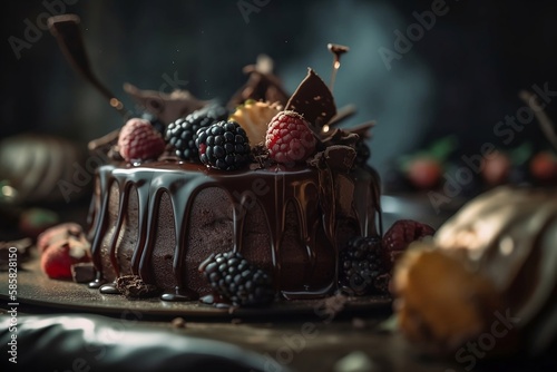 Closeup of Chocolate Cake on Table with Blurred Background