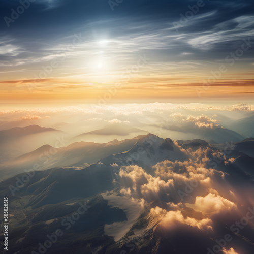 Beautiful sunrise over snow covered mountains and clouds. Generative AI