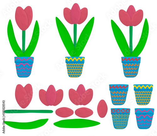set of plasticine pink tulip in blue flower pot and object for graphic designer use for edit