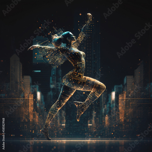 a contemporary balletdancer in a steampunk abstract dot matrix cityscape, Ai Generative © Lifia