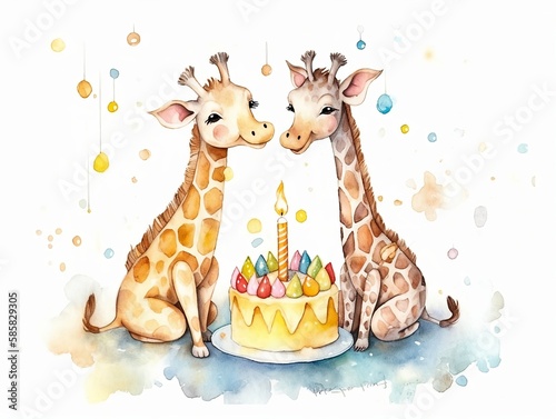baby giraffe playing with birthday cake - watercolor illustration on transparent background, ideal for pet lovers, pet-themed designs, and birthday celebration projects. generative ai