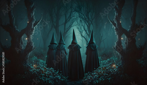 spooky scene of three witchers in the forest,dark vibe-AI Generative 
