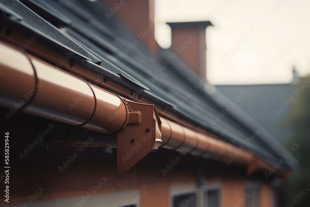 Brown pvc gutter connected to downpipe on roof edge. Generative AI ...
