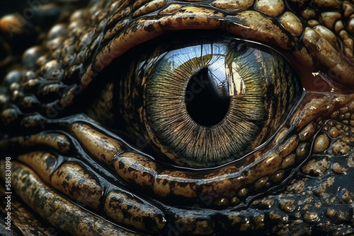 Close-up  finest detail of the crocodile eye by Ai generated. © suwandee