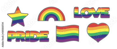 LGBTQ  stickers with rainbow flag, star and heart shapes. Pride month symbols and slogan. Gay parade icons. 