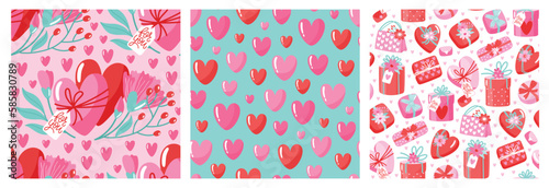 Set of hand-drawn seamless pattern with flowers and hearts. Creative stylish background for Valentine Day. Colorful floral illustration for paper and gift wrap. Fabric print modern design.