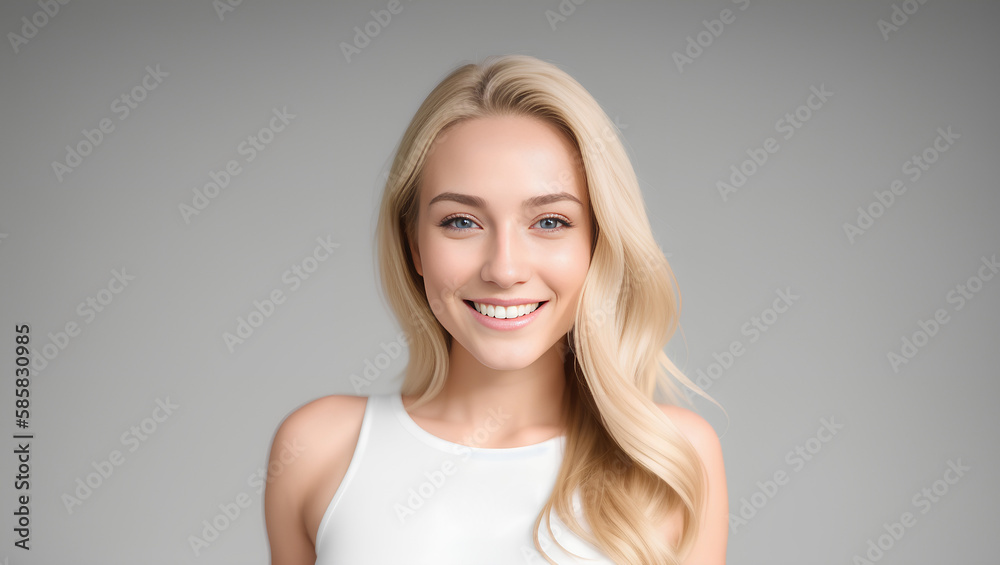 Young smiling woman portrait with blond hair and white top. Isolated on grey background. Copy space. Generative AI Young smiling woman portrait with blond hair and white top. Isolated on grey background. Copy space. Generative AI
